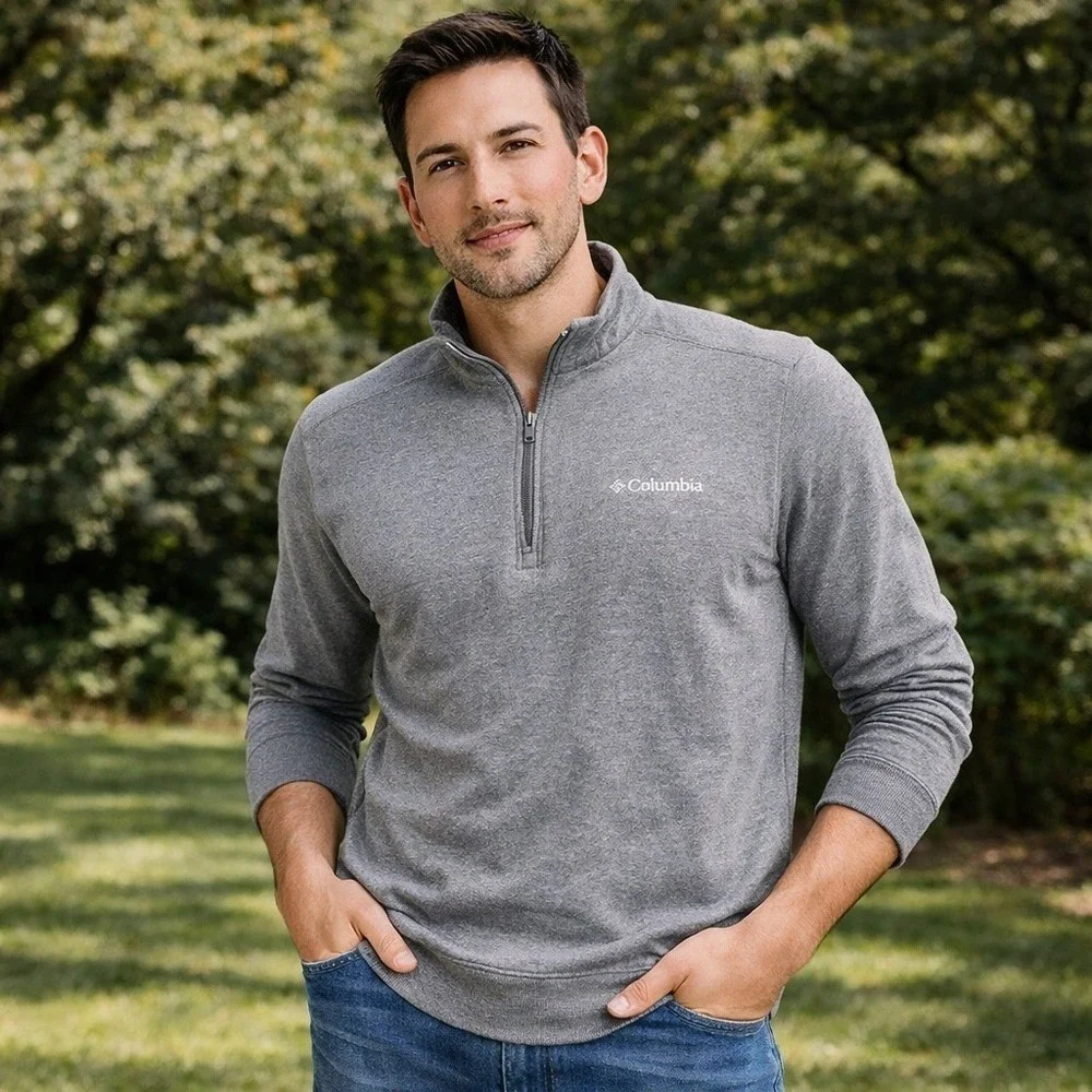Columbia Mens Outdoor Quarter‎ Zip Cotton Blend Pullover Grey Medium